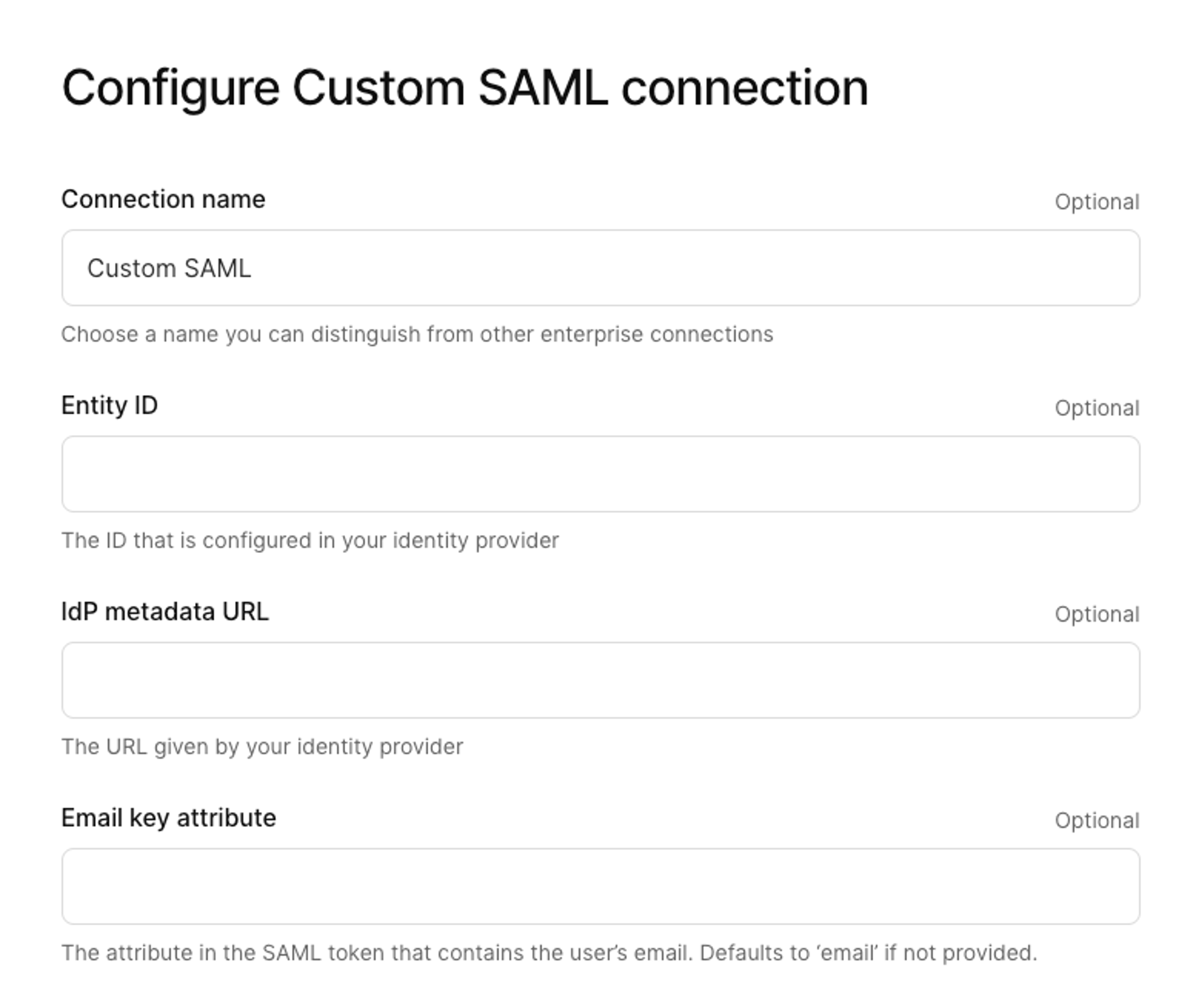 SAML configuration screen