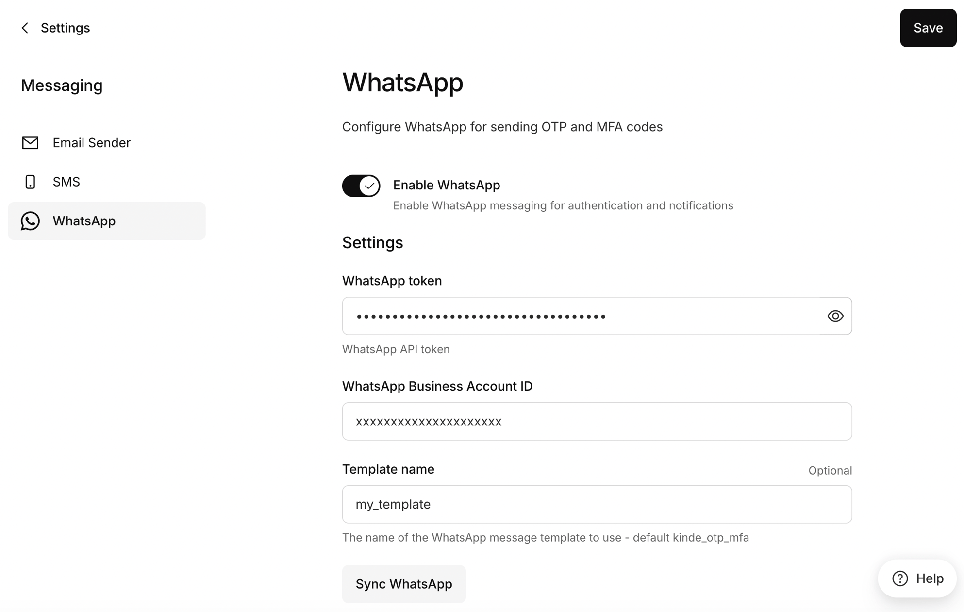 whatsapp sms authentication settings