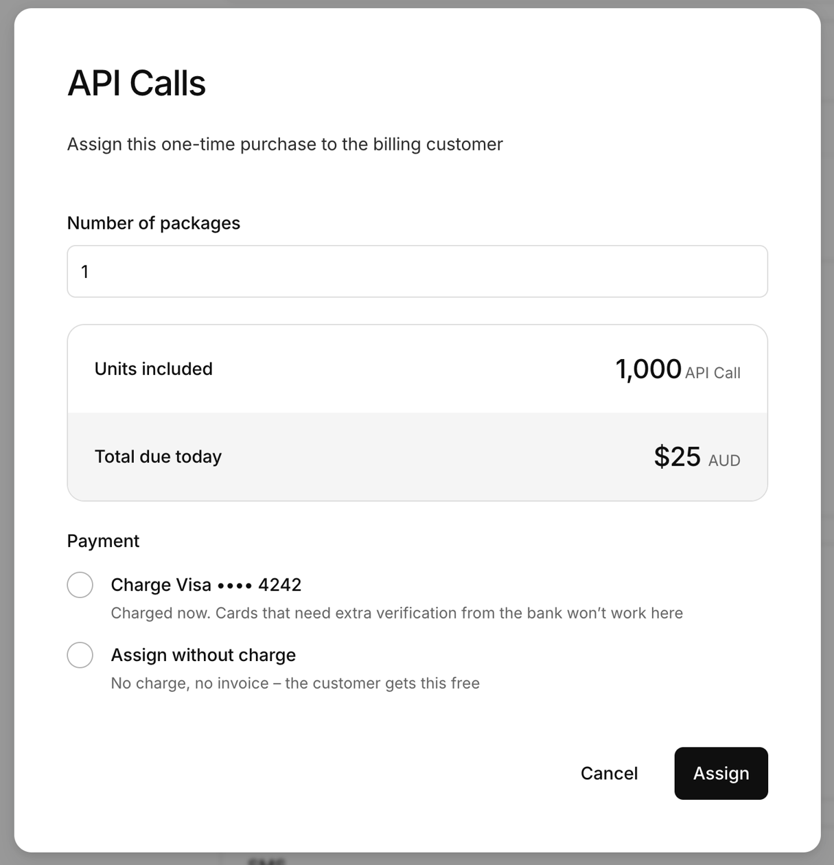 Assign one-time purchase dialog with charge vs complimentary options
