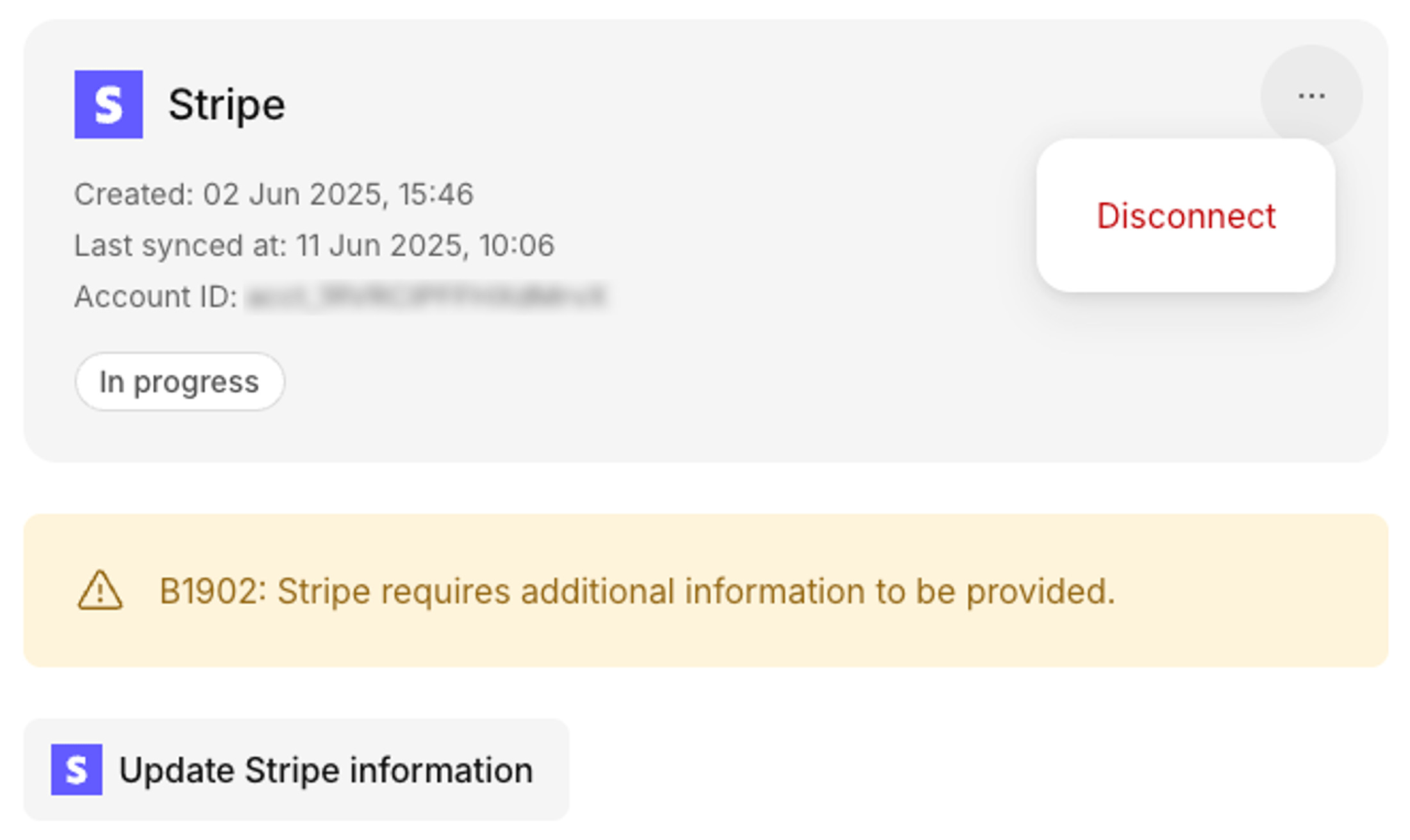 Stripe connection card in Kinde