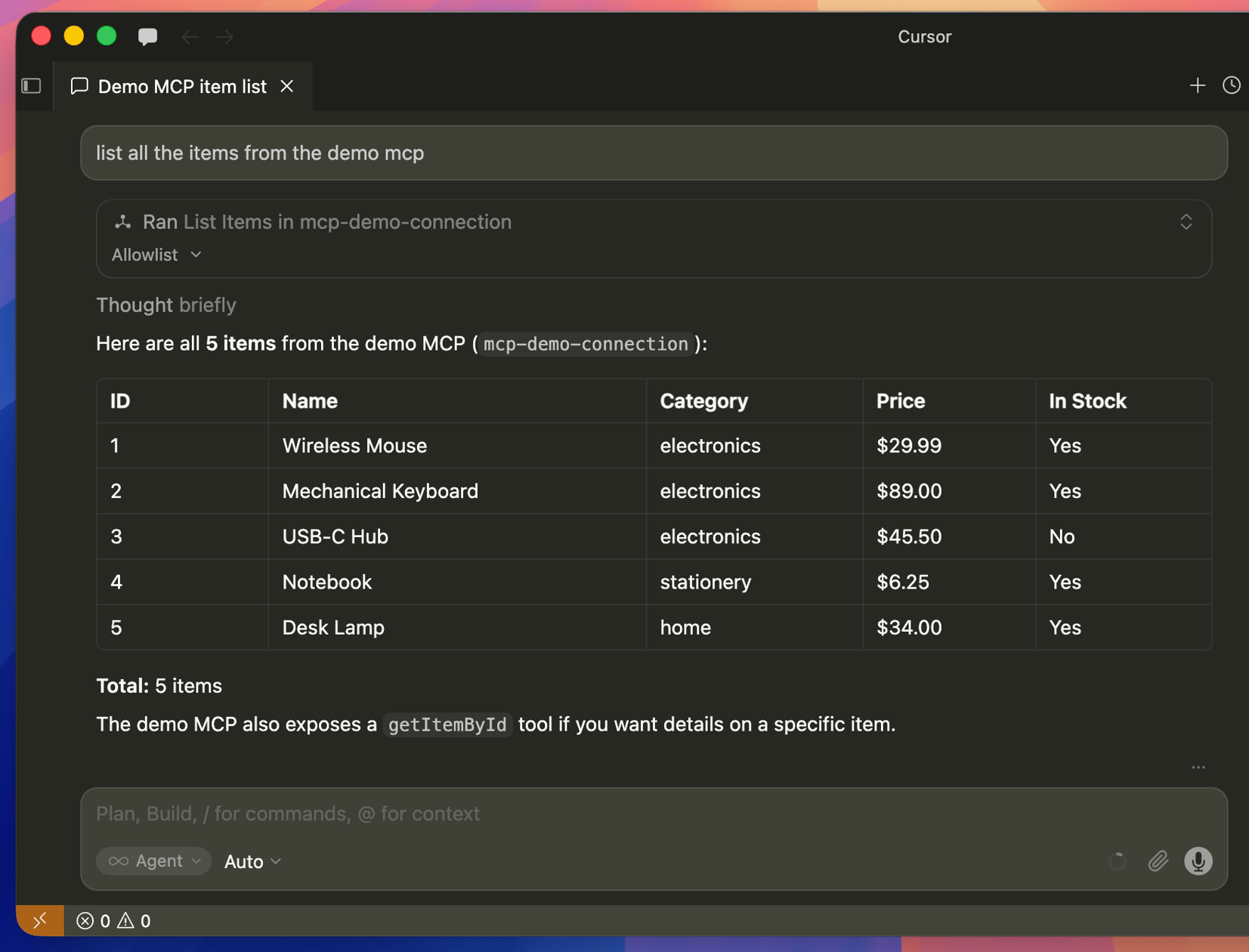 cursor mcp server tool call