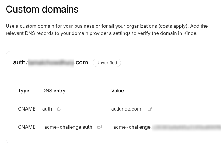 Kinde dashboard showing custom domain DNS setup with CNAME records to copy