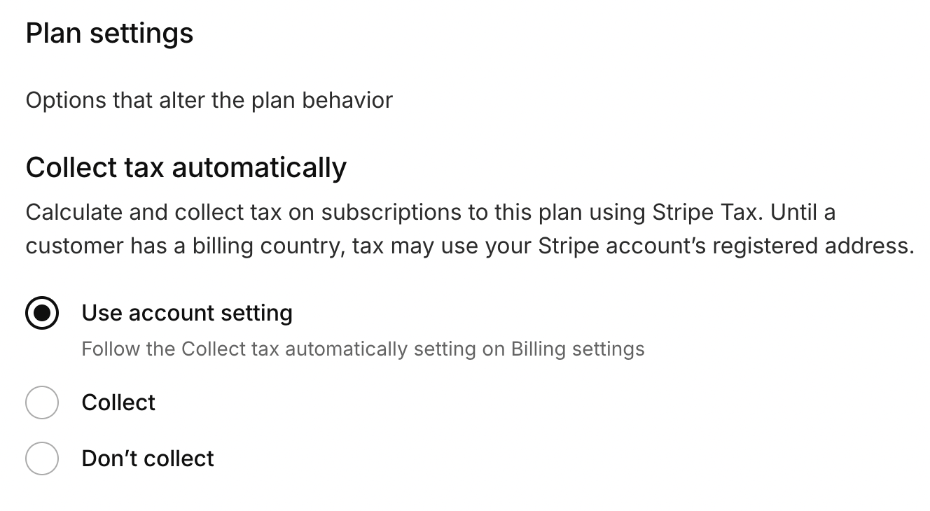 Collect tax in kinde plan setting