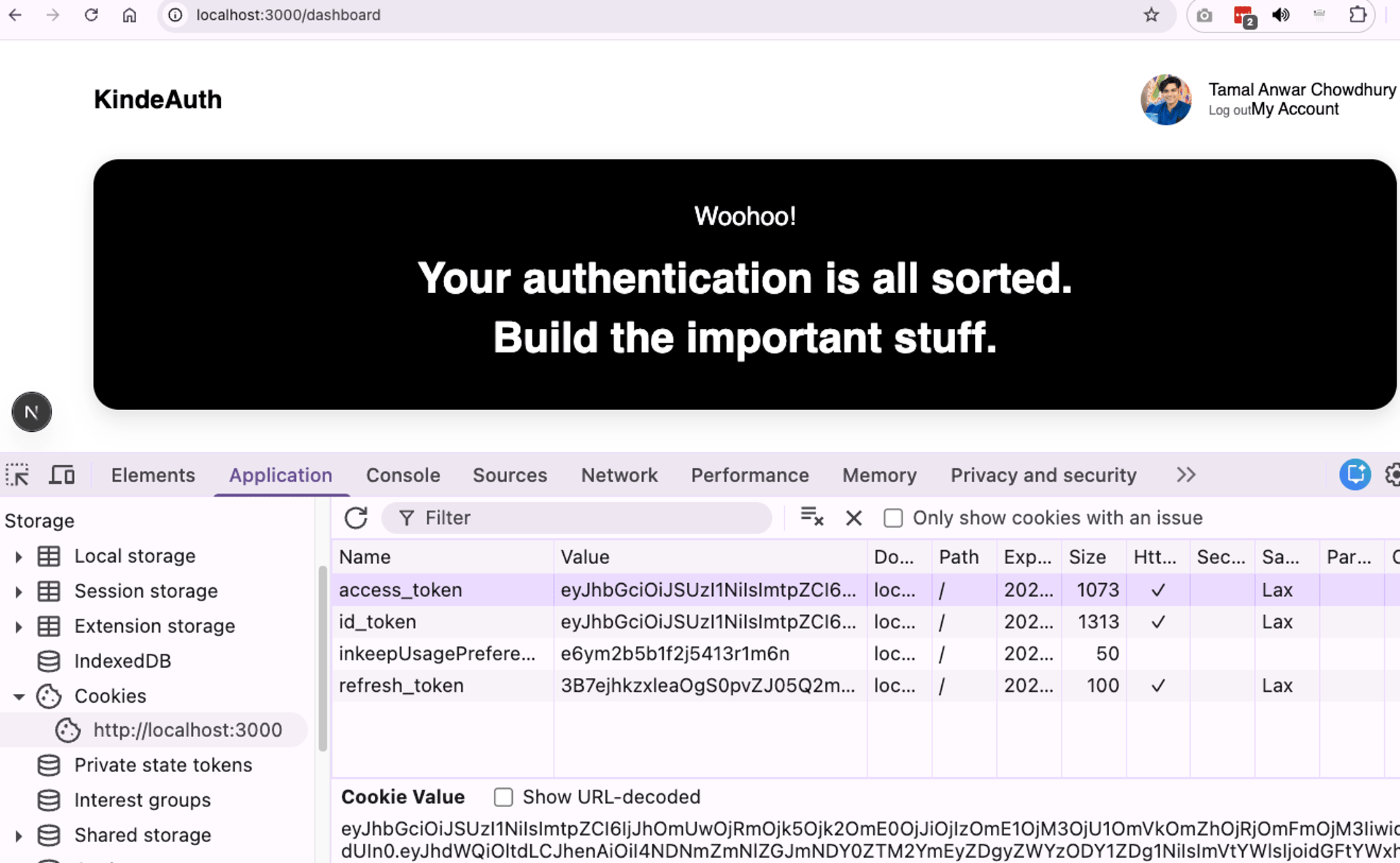 Screenshot of browser developer tools showing the refresh_token and access_token cookies