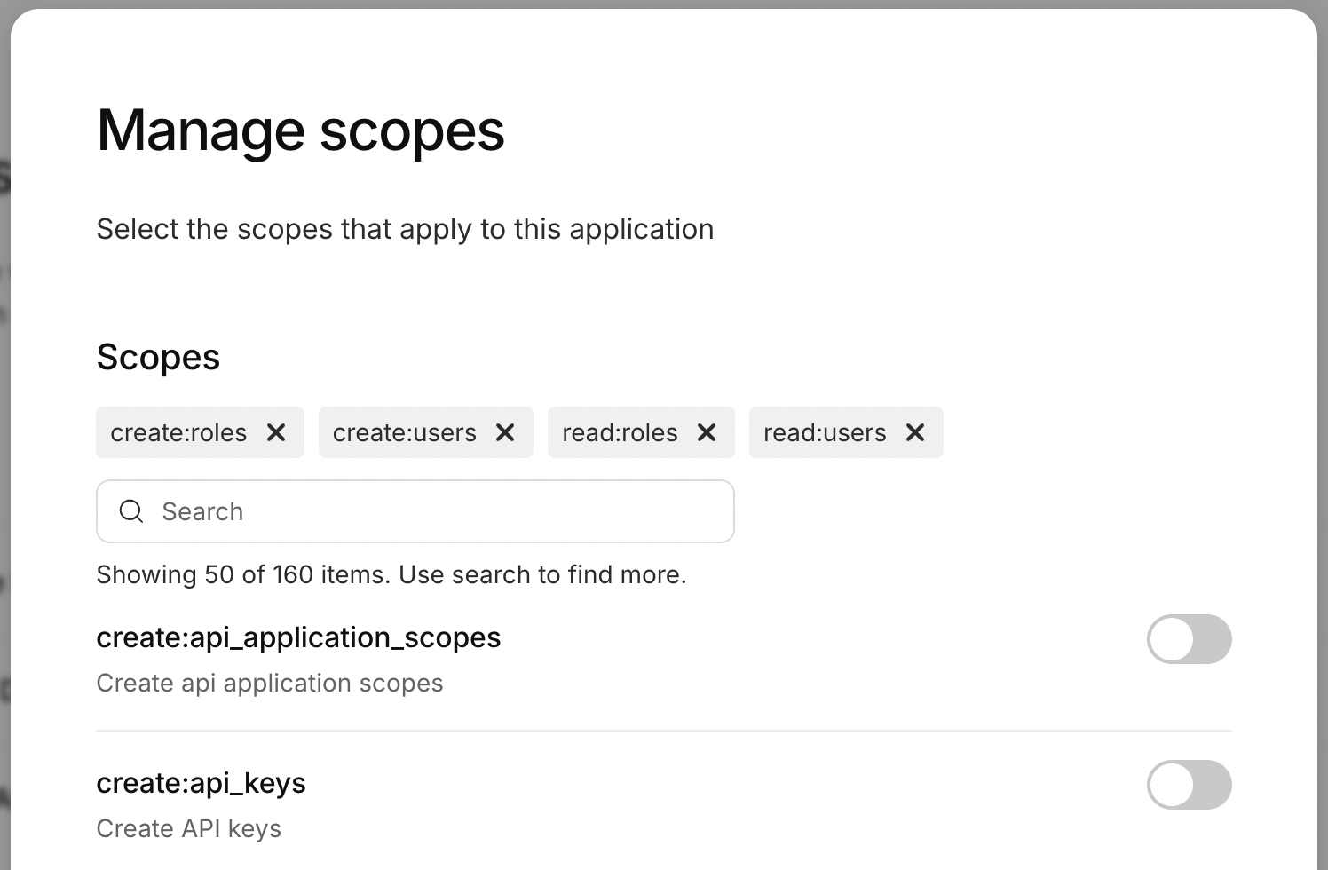 kinde manage scopes dialog