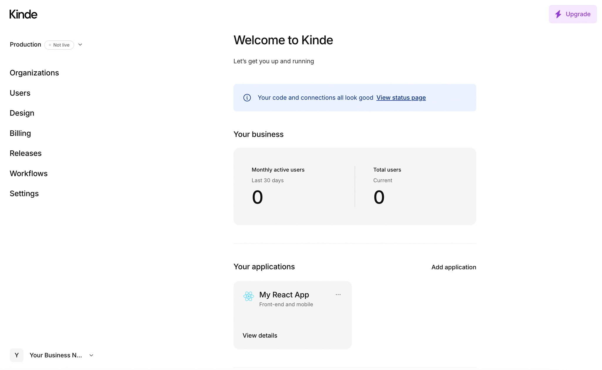 kinde dashboard after onboarding
