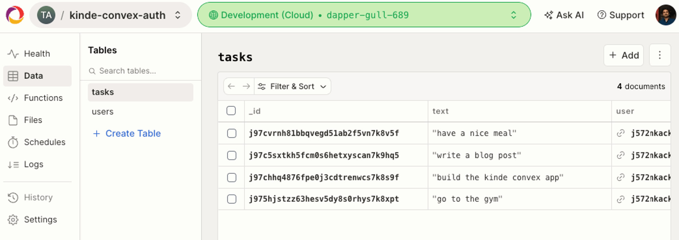 convex database tables