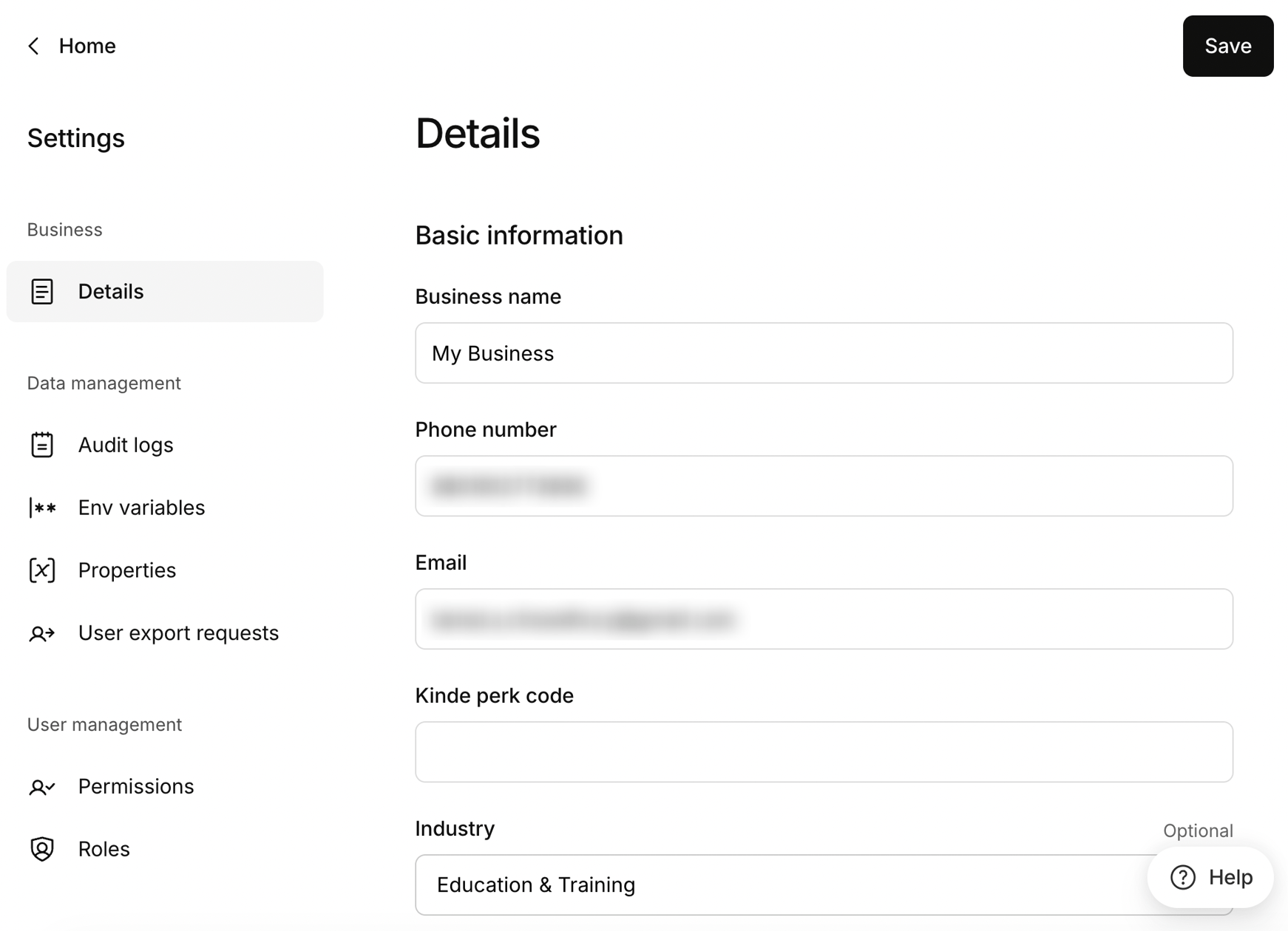 kinde update business details page