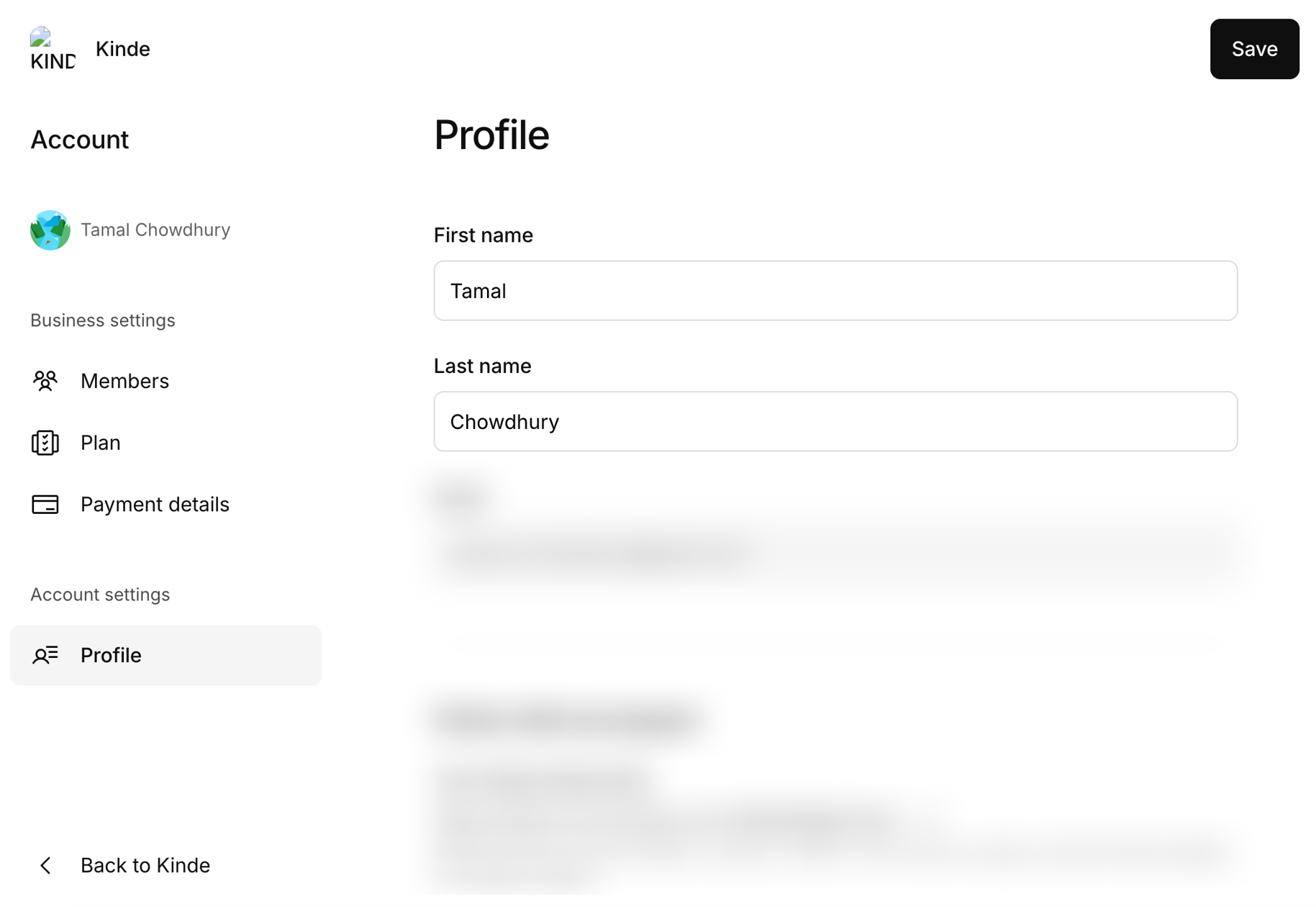 kinde update profile sign in name page