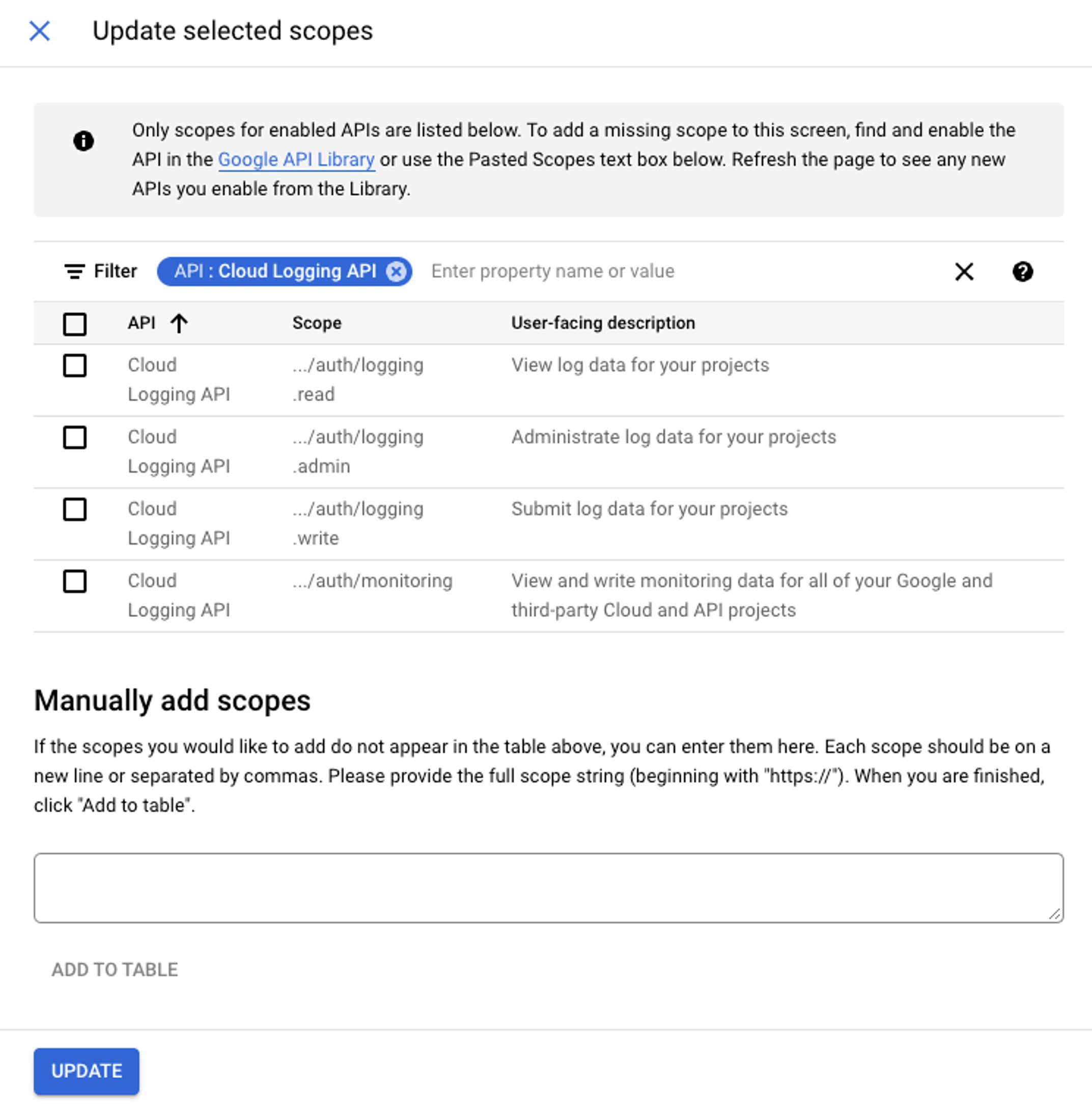 Updating scopes in Google Cloud