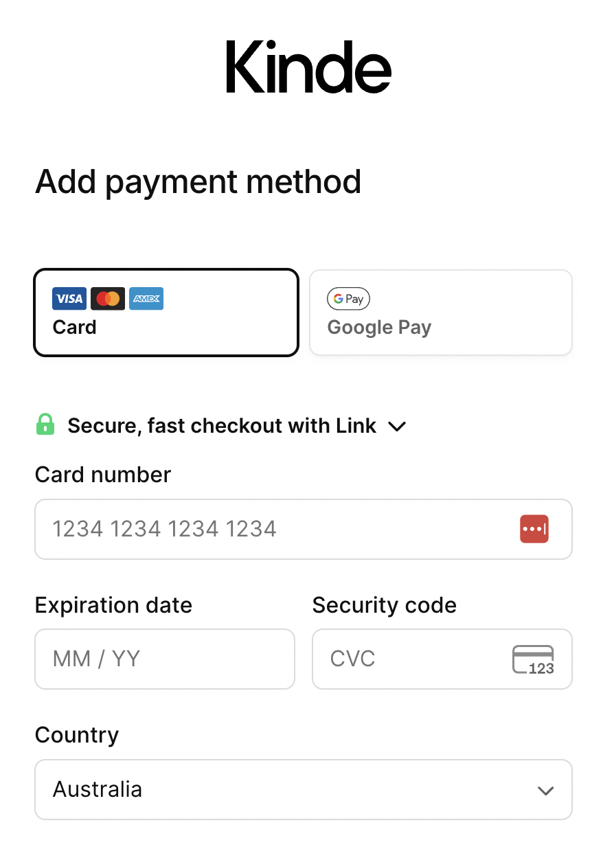 kinde add payment credit card details page