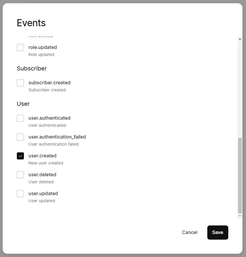 user.created webhook in Kinde