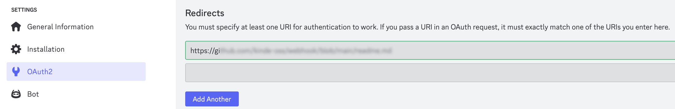 screen shot of redirects field in discord app