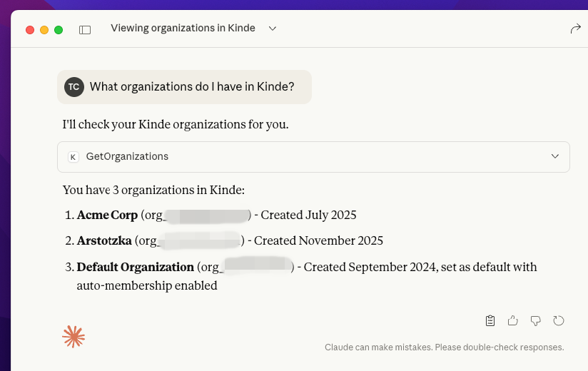 Screenshot showing AI assistant response to "What organizations do I have in Kinde?"