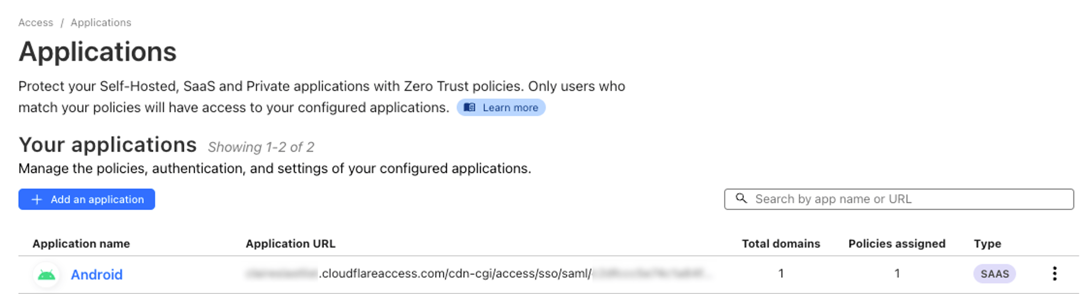 Screen shot of Application list in Cloudflare