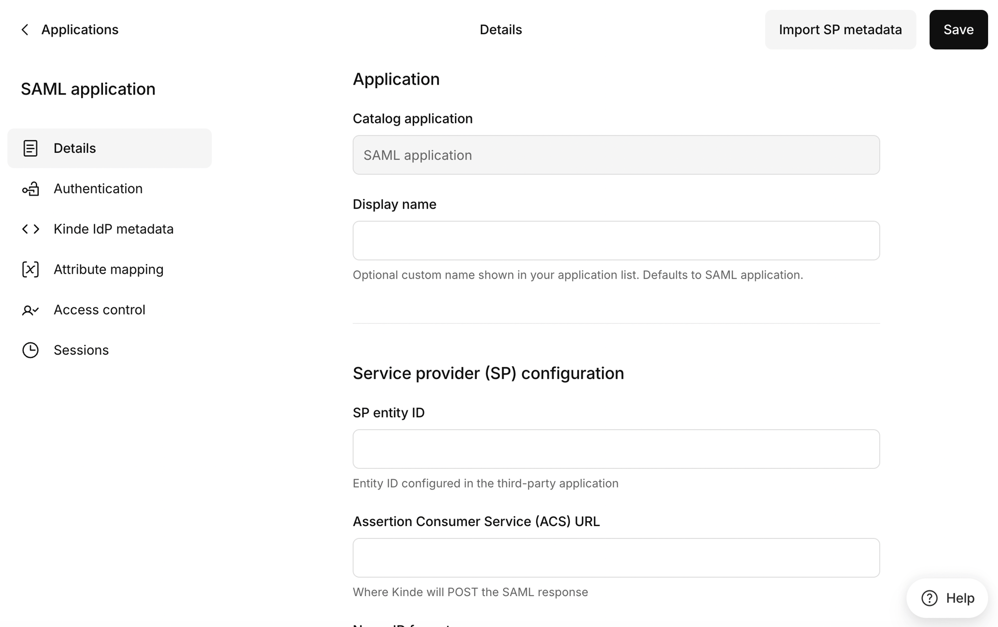 Details page for a SAML application in Kinde