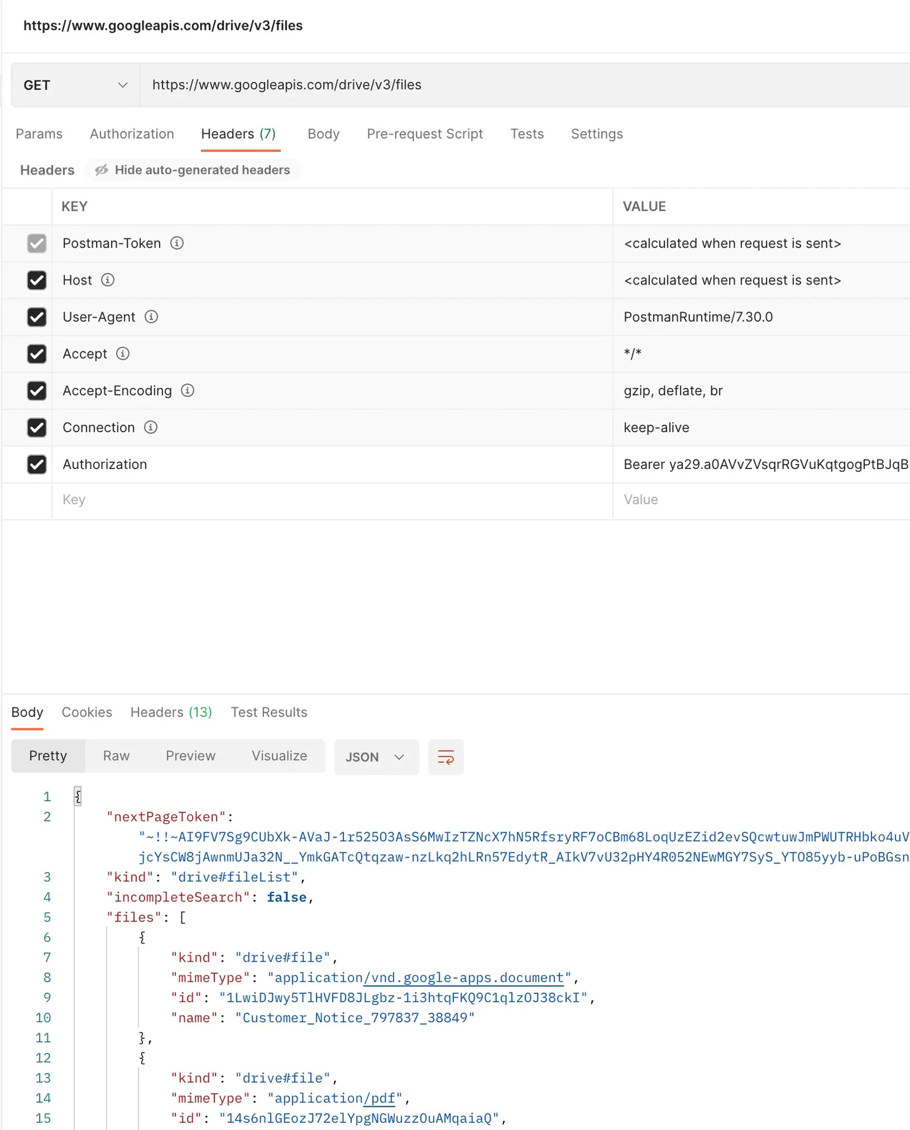 Calling Google Drive API in Postman