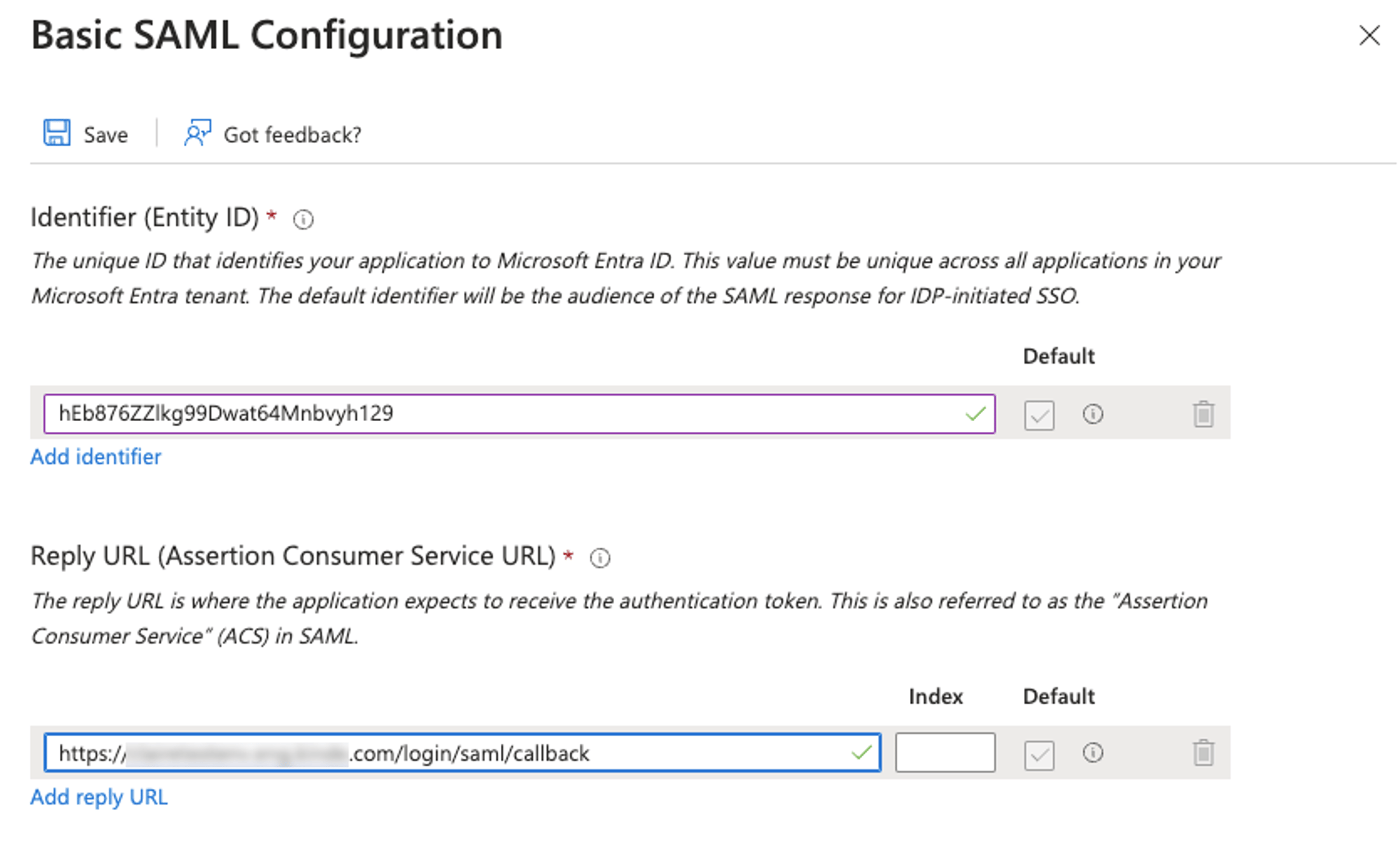 SAML config side panel