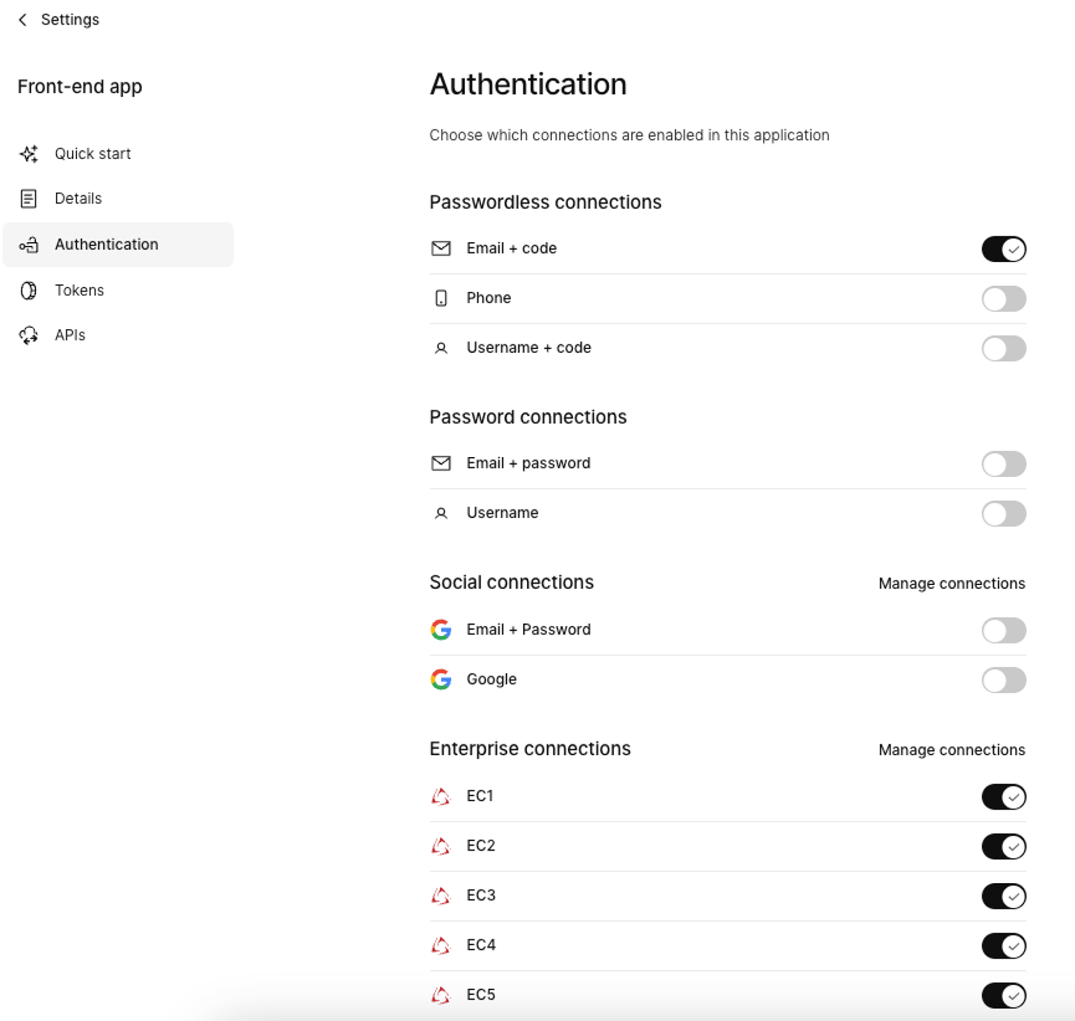Auth options to switch on in Kinde