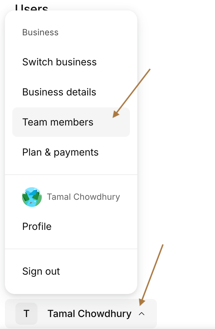 kinde users menu Team members page
