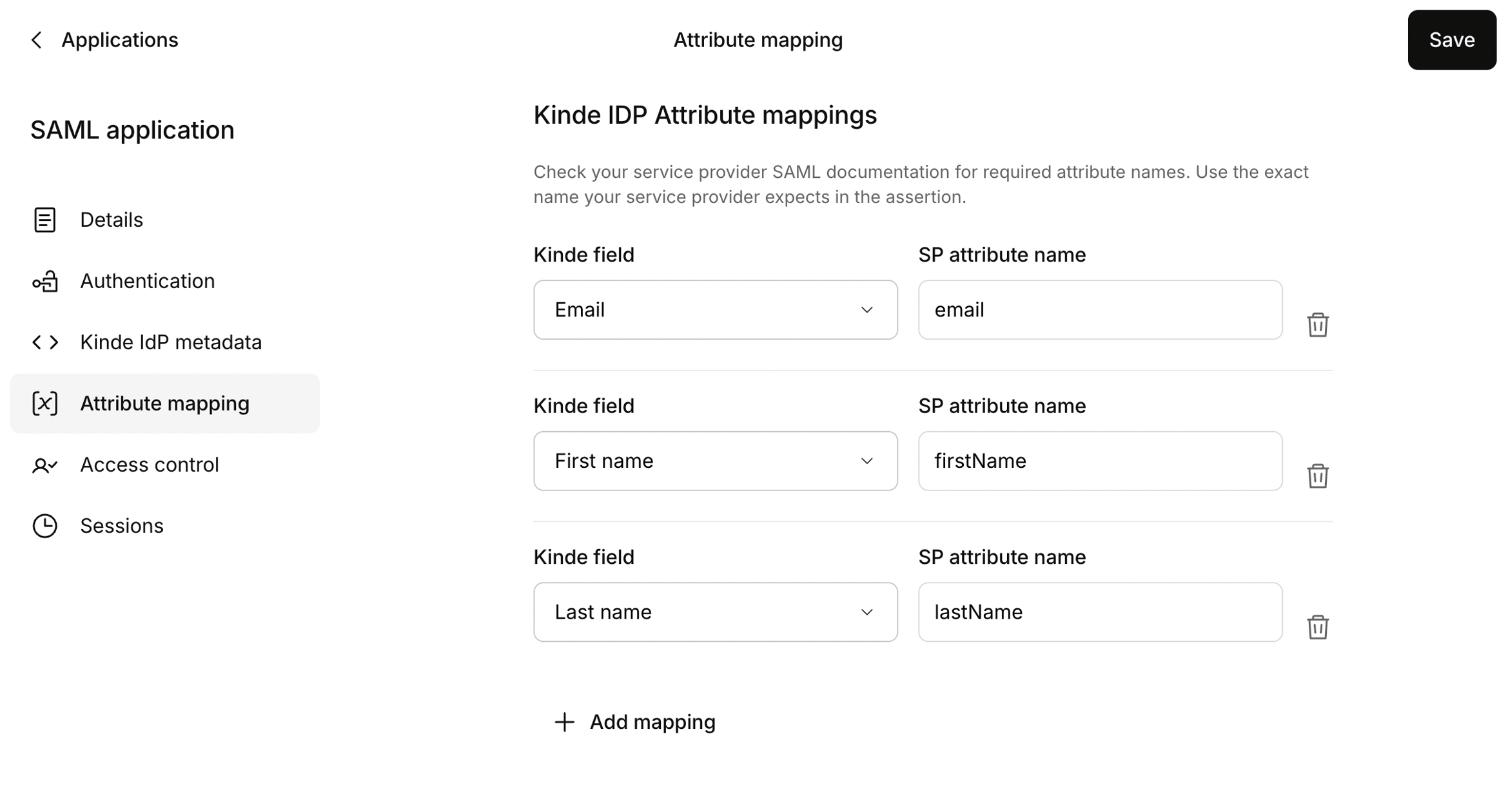 Attribute mapping tab for a SAML application in Kinde