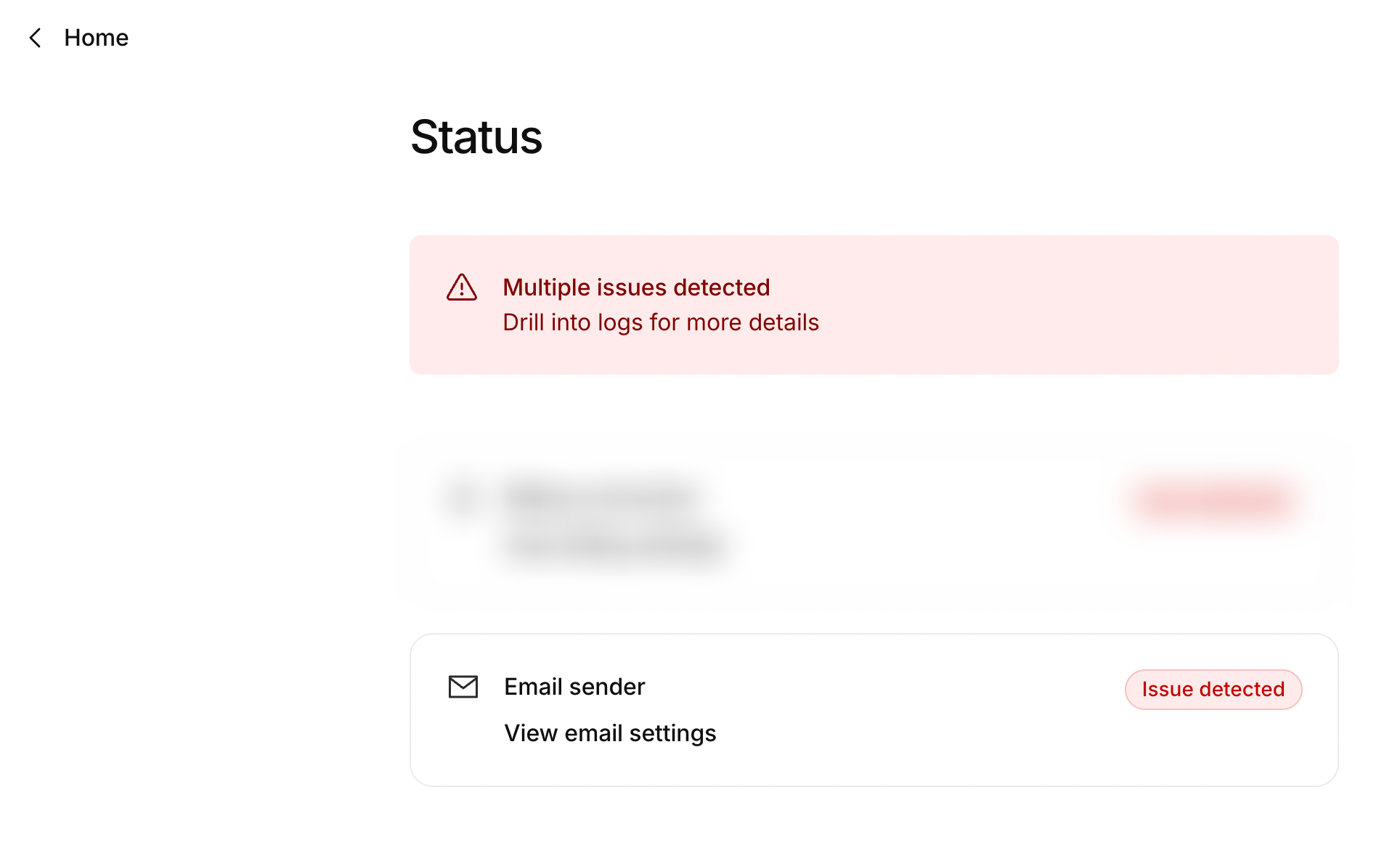 kinde status page with a multiple issues detected banner and an email sender card showing issue detected