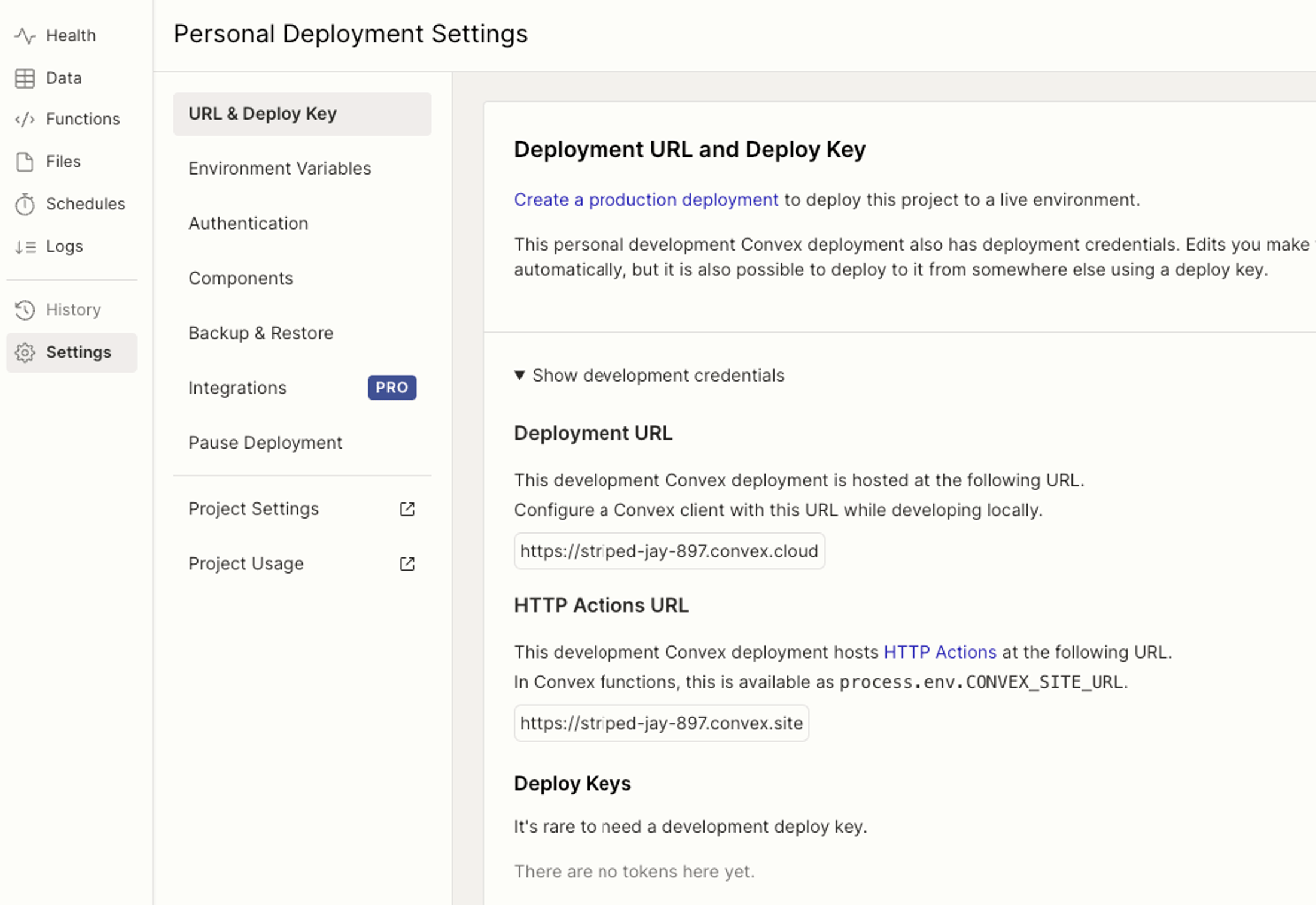 convex show development credentials page