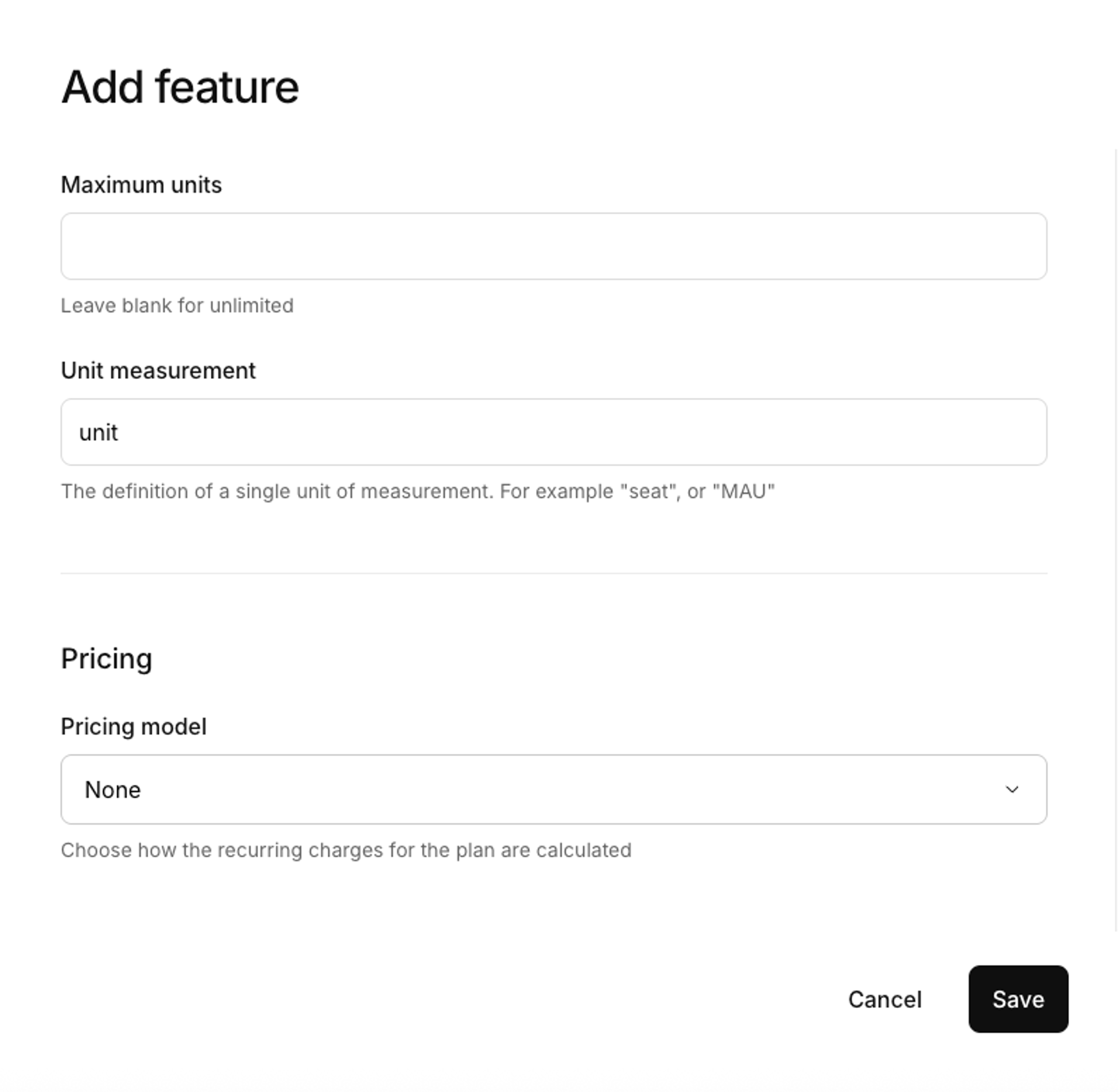 Add feature window, select units