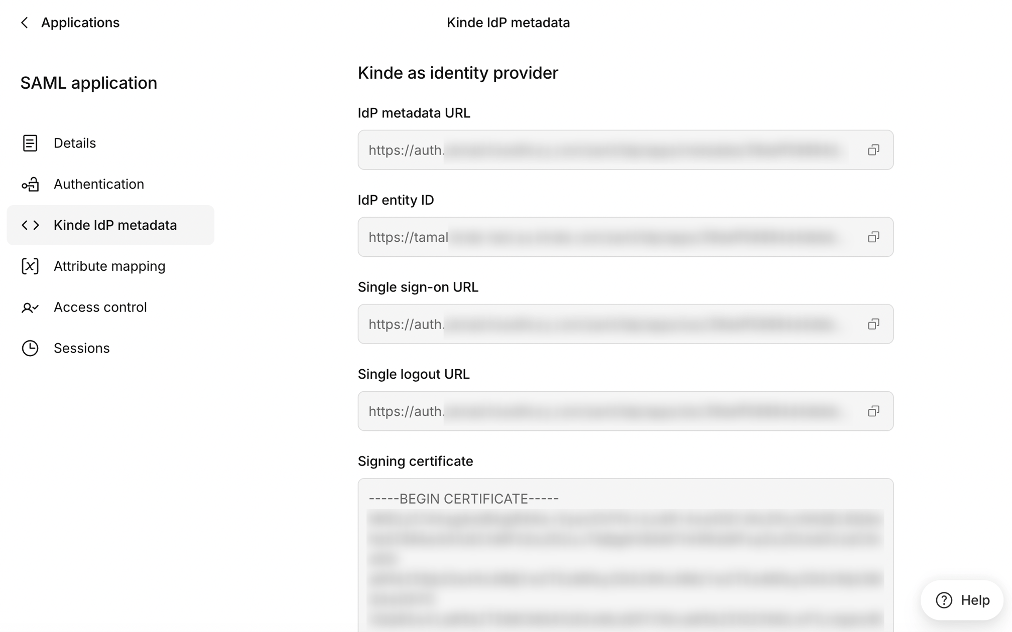Kinde IdP metadata tab for a SAML application