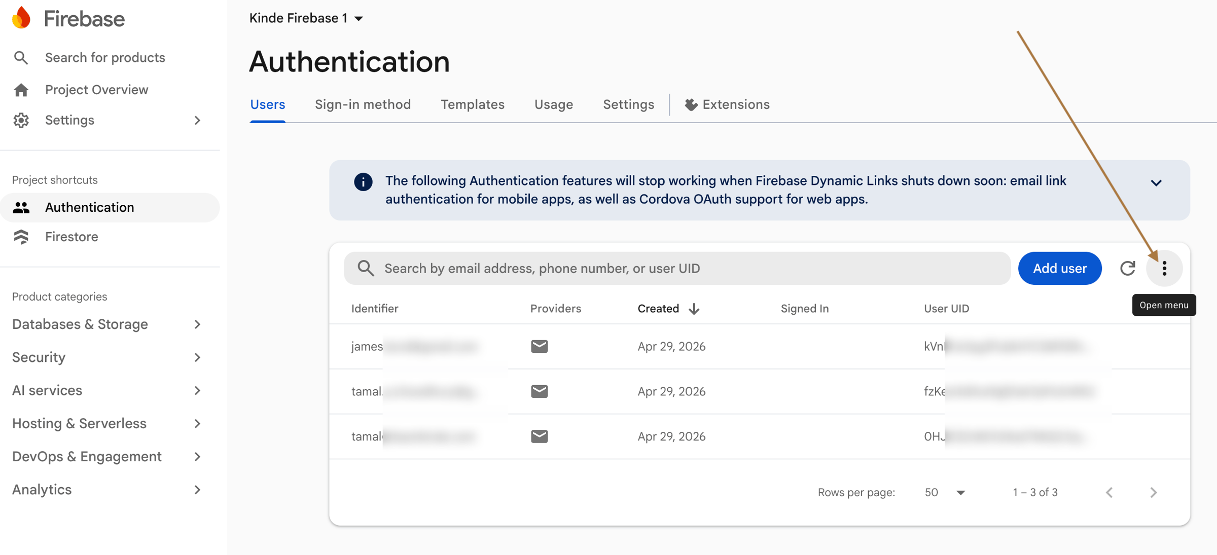 firebase console authentication users page