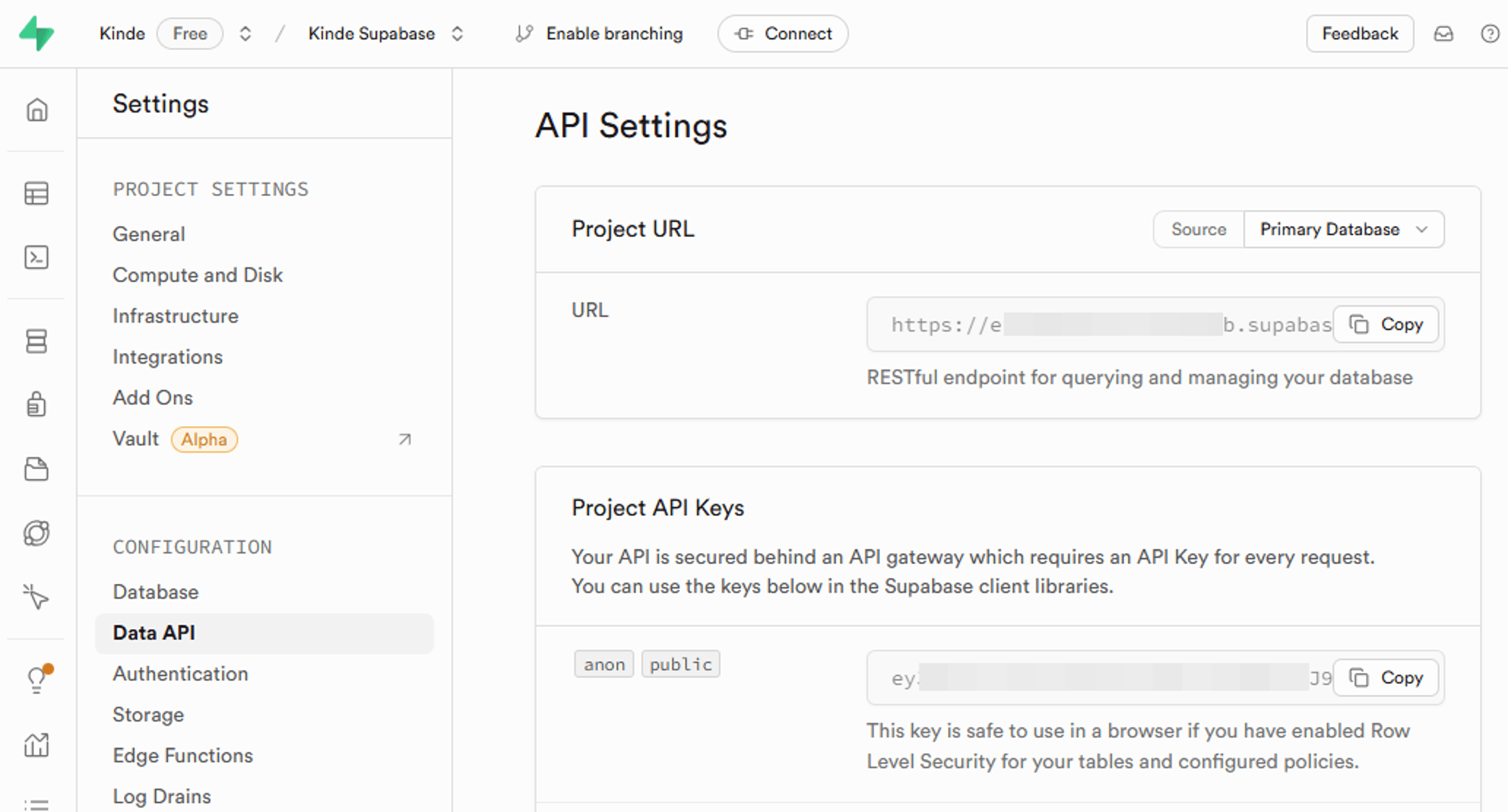 Supabase API settings