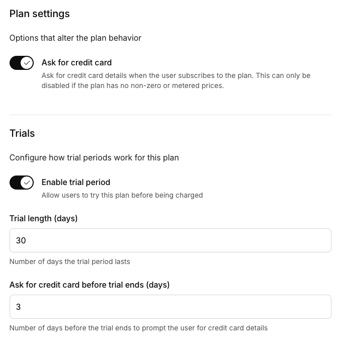 Trial period settings