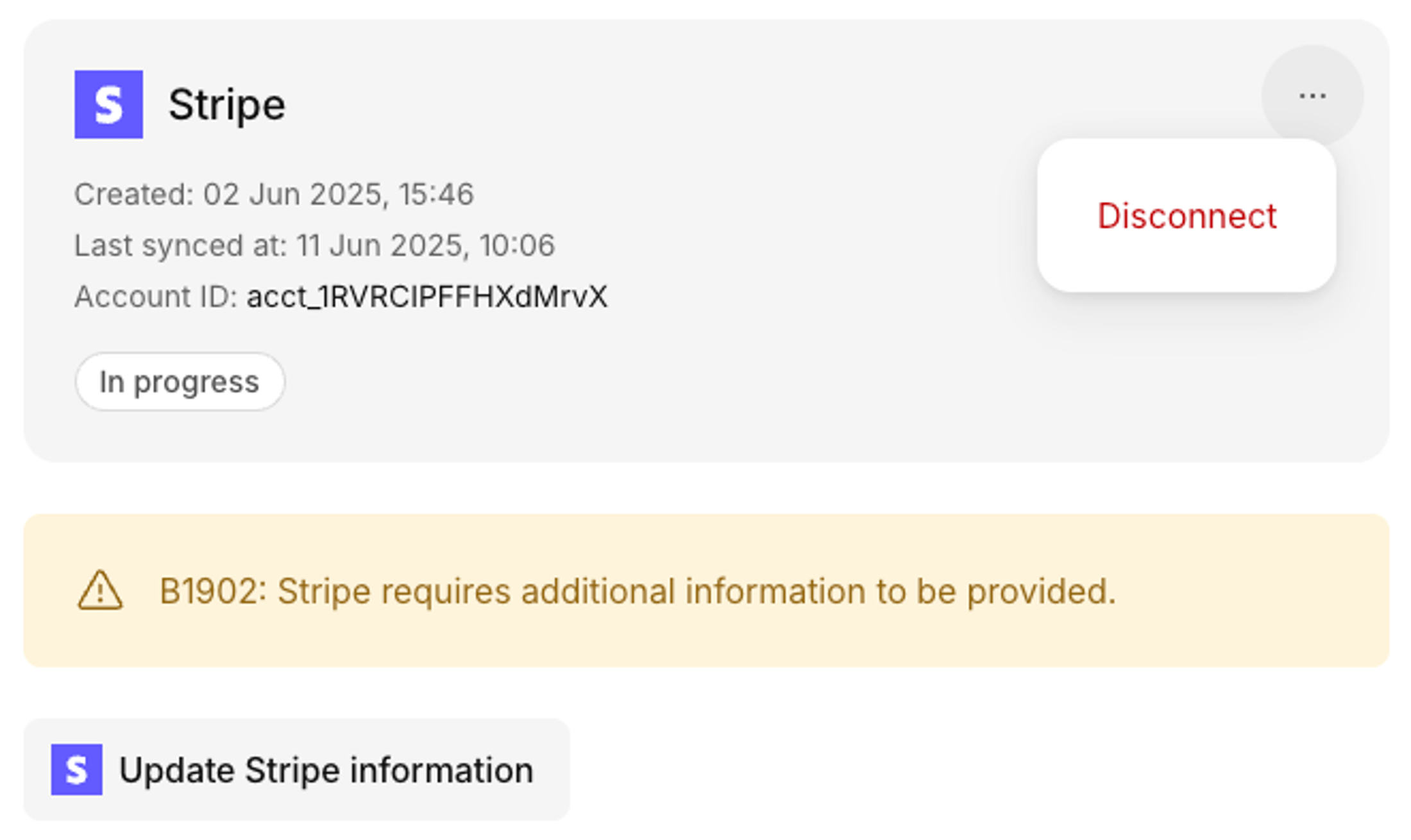 Stripe connection card in Kinde