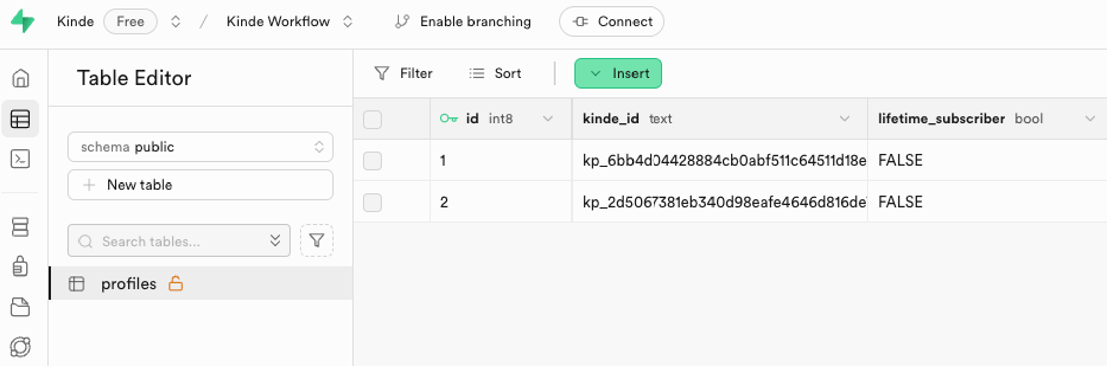 Supabase table editor