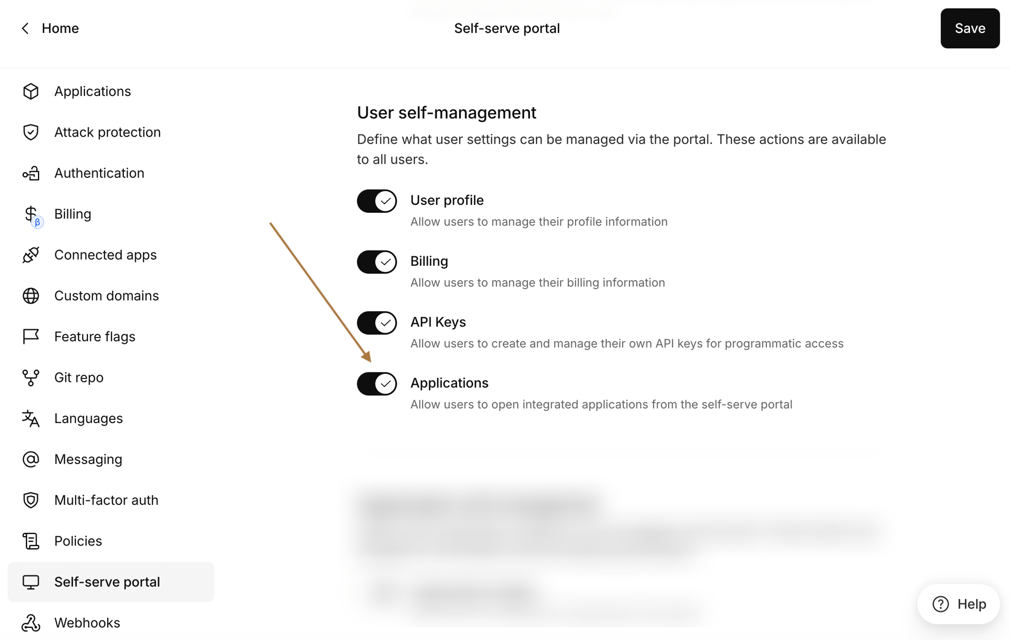 Applications toggle in Kinde self-serve portal settings