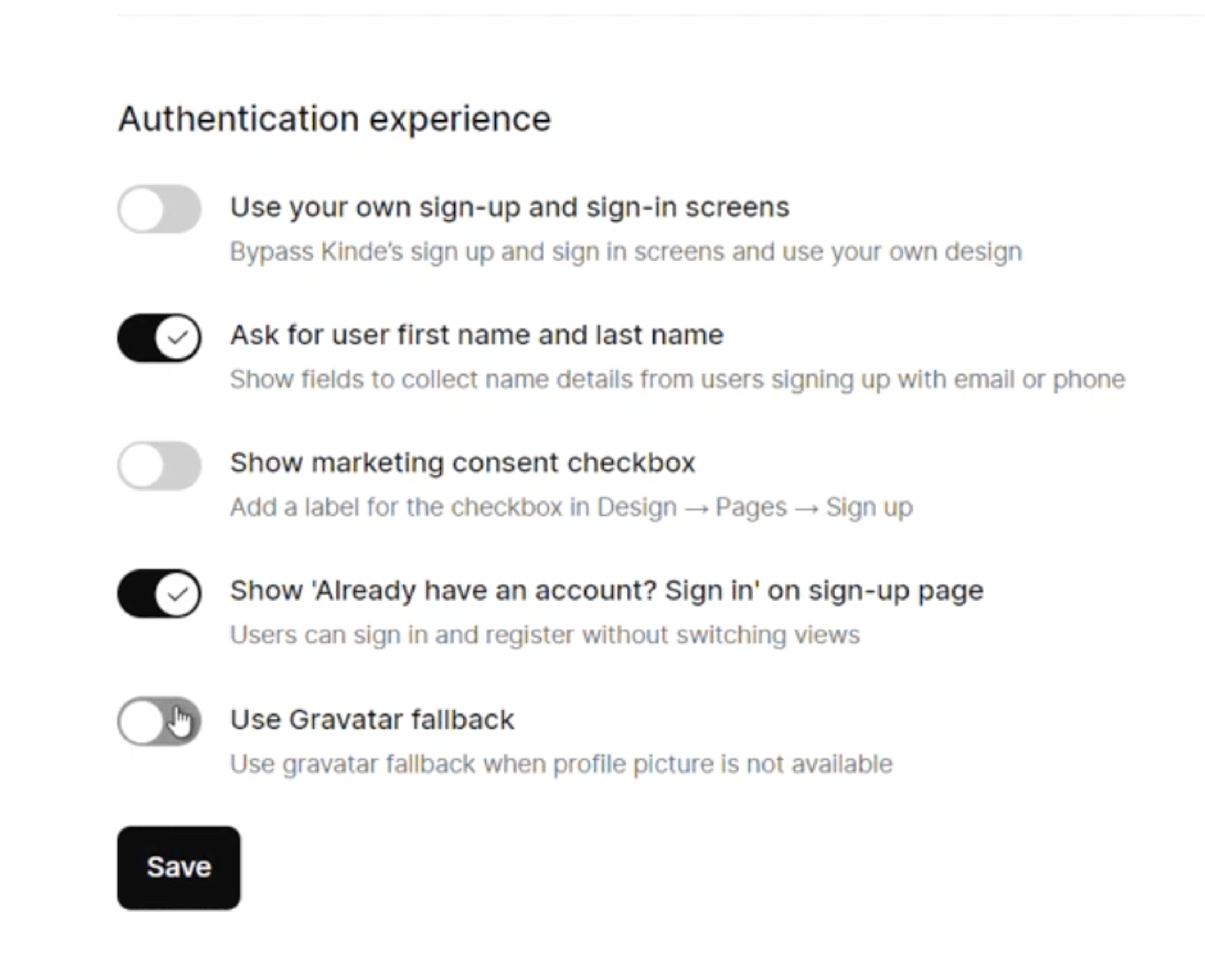 Application switches for custom sign in behaviour
