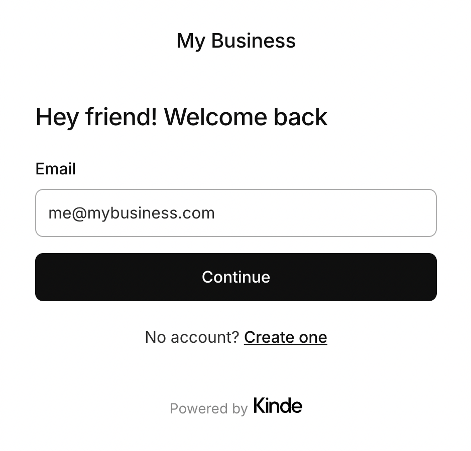 Kinde authentication page showing Powered by Kinde attribution