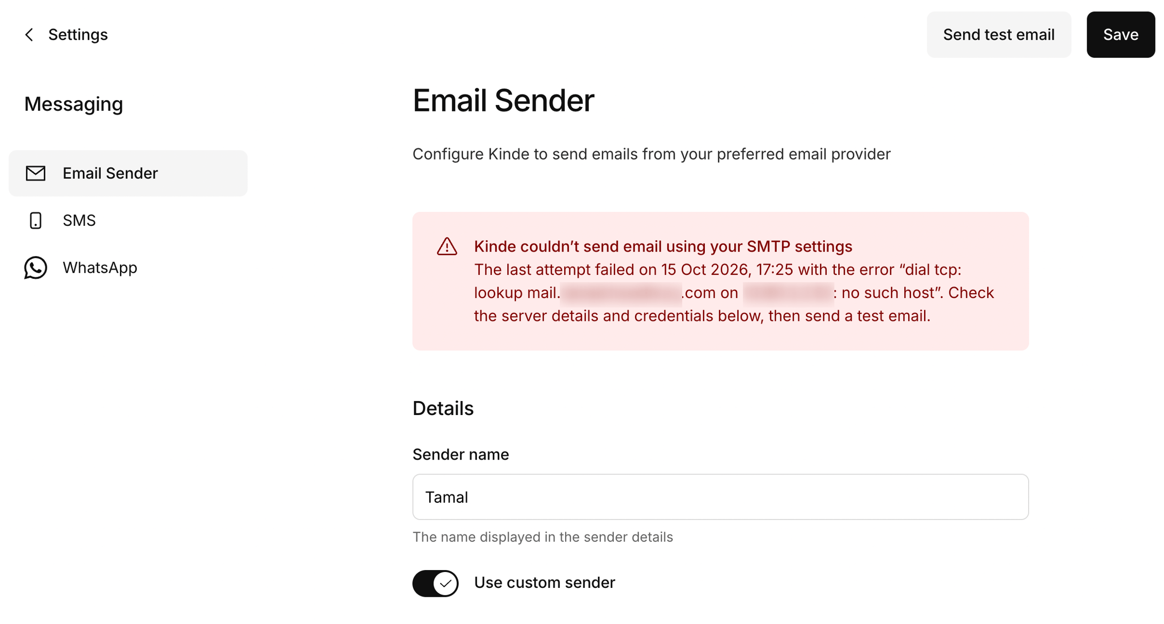 email sender settings page with an error banner showing the latest sending error from the last failed send attempt