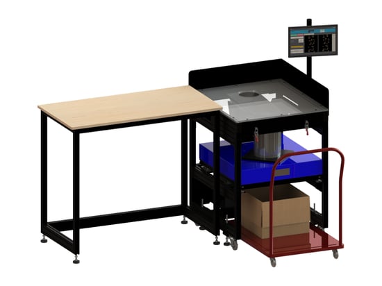 Custom counting machine built into a work table with a manual feed surface
