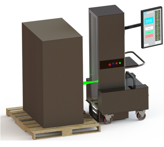 LayerCount mobile automated pallet counting system beside a stack of corrugated sheets
