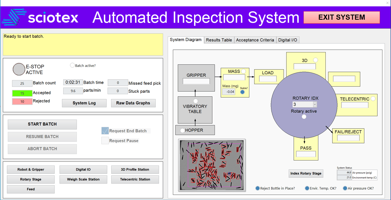 Sciotex RobotVIEW vision inspection software screen showing an automated part inspection