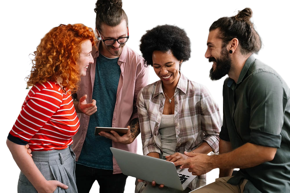Team members planning together around a whiteboard