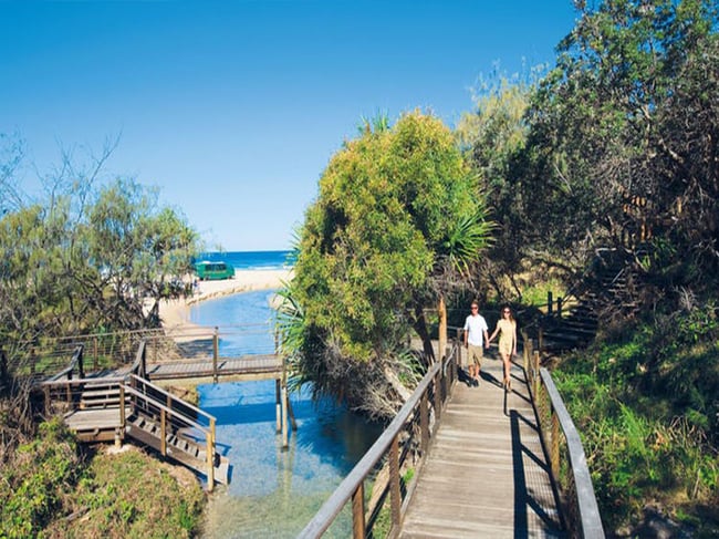 Travellers walking the boardwalk at Eli Creek K'gari Fraser Island