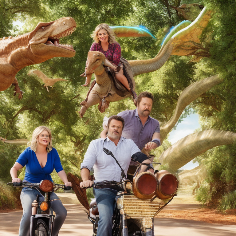 Nick Offerman and Amy Poehler riding a dinosaur --vacation    