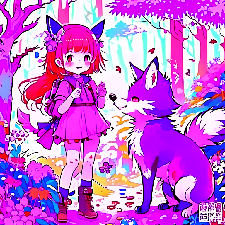 8 year old girl in a candy forest talking to a fox. Kawaii style, add some pink and purple palette --anim