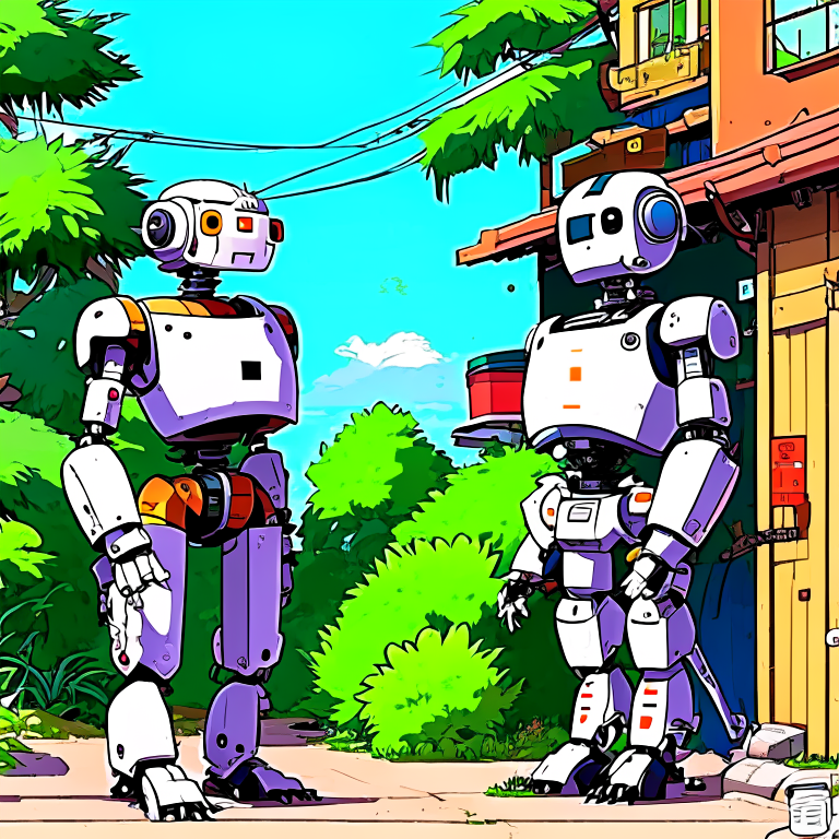 2 robots talking to each other in the neighborhood, isomorphic --anim