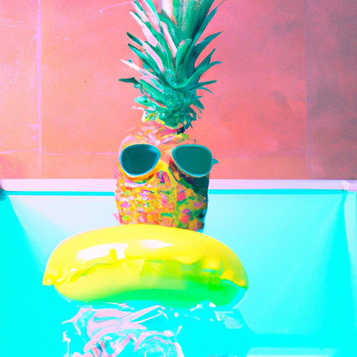 Pineapple with sunglasses on diving into a multilevel pool neon 90s