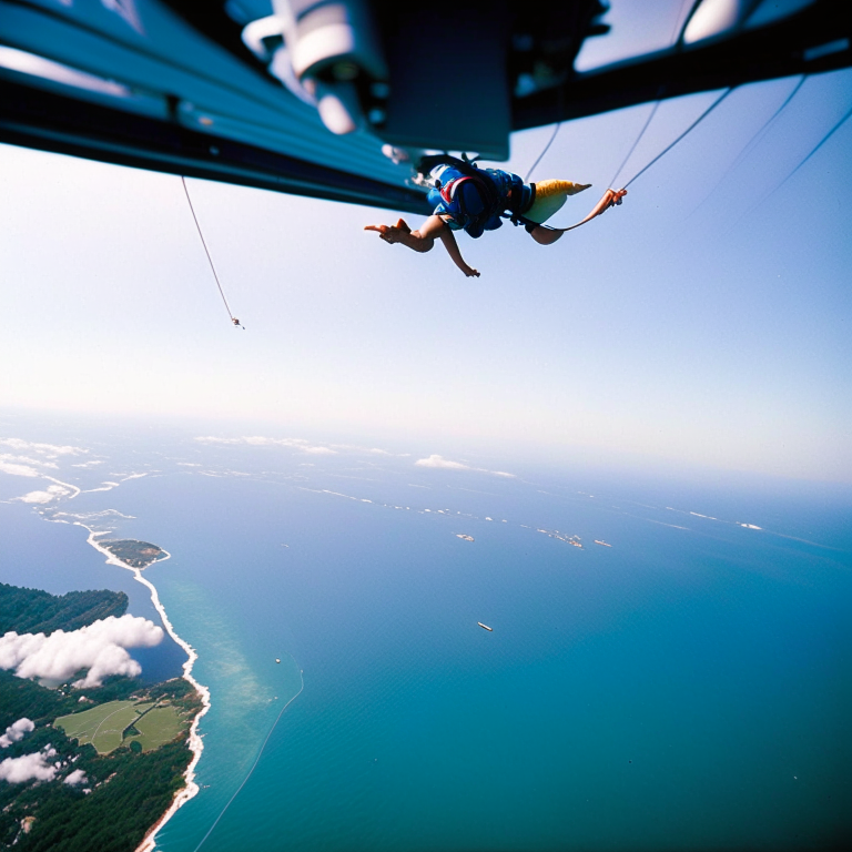 Gambar seorang skydiver yang melompat dari pesawat tinggi dengan pemandangan pegunungan atau laut di bawahnya --fp1k