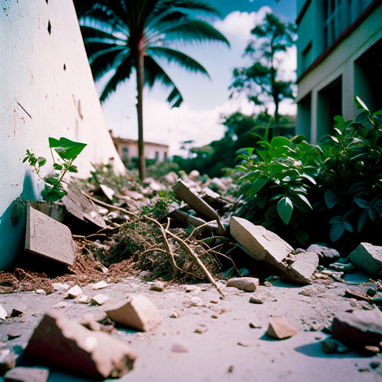 Concrete chaos in the form of shattered sidewalks and crumbling buildings, with vines and weeds growing through the cracks --fp1k