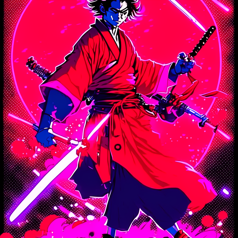 miguel o'hara samurai ,  dressed in yukata  red glowing sword |in motion| --anim